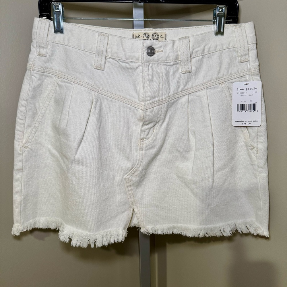 Free‎ People We The Free White Clay Side Car Denim Mini Skirt Pleated Raw Hem F7
